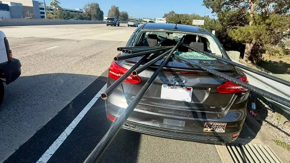 Metal Pipes Impale Sedan in Southern California Highway Crash, Driver Miraculously Escapes Serious Injury