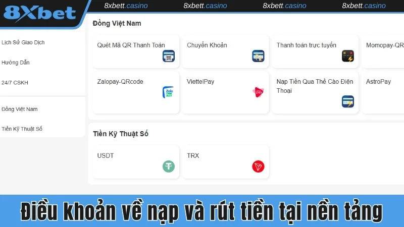 Điều khoản về nạp và rút tiền tại nền tảng
